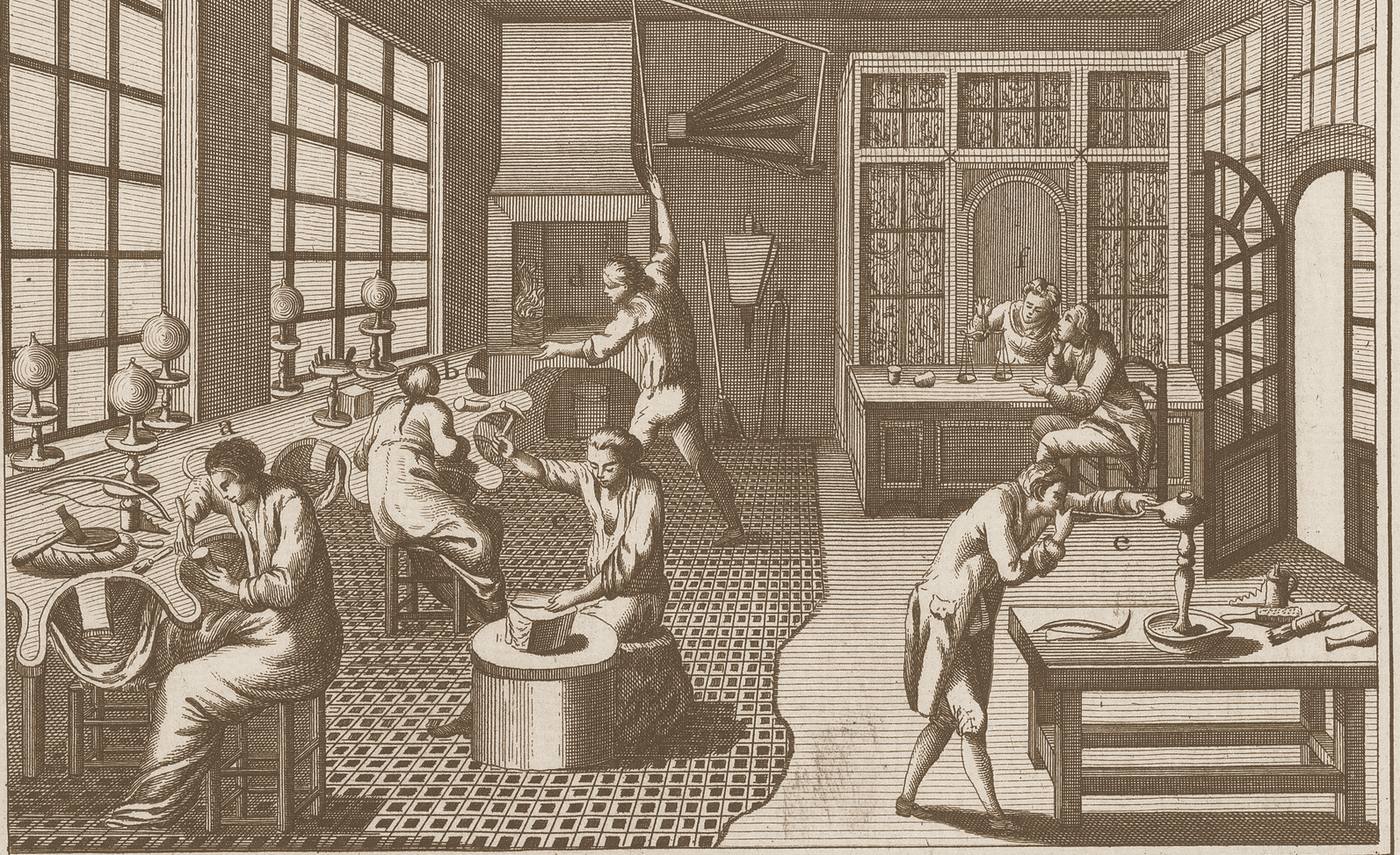 1765 tarihli Encyclopédie gravürü: Paris’te bir kuyumcu atölyesinde ocak başında, tezgâhta ve terazide çalışan ustalar